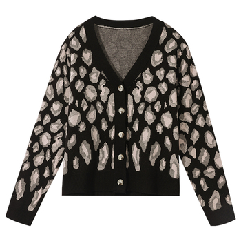 Cardigan tricotat cu imprimeu leopard, decolteu în V, mâneci lungi, croi lejer, fibră acrilică
