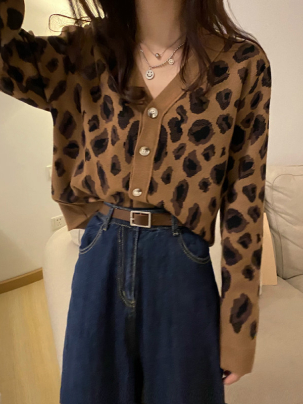 Cardigan tricotat cu imprimeu leopard, decolteu în V, mâneci lungi, croi lejer, fibră acrilică