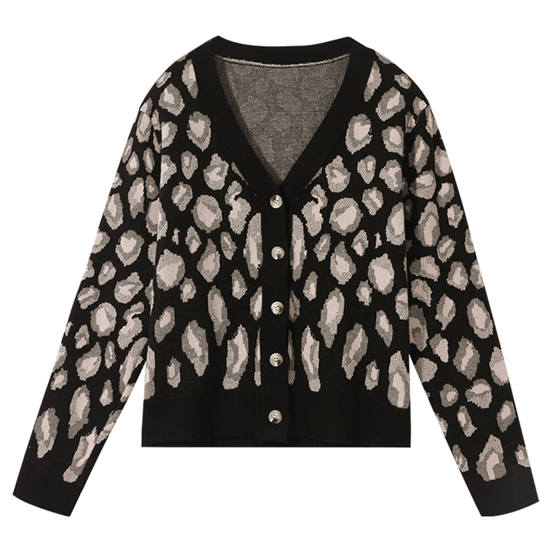 Cardigan tricotat cu imprimeu leopard, decolteu în V, mâneci lungi, croi lejer, fibră acrilică