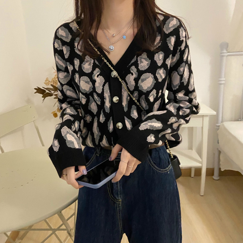 Cardigan tricotat cu imprimeu leopard, decolteu în V, mâneci lungi, croi lejer, fibră acrilică