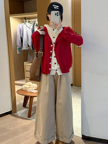 Top tricotat cu glugă, aspect imita două piese, stil coreean, toamnă-iarnă 2025, fibre din viscoză, tricot gros, mâneci lungi