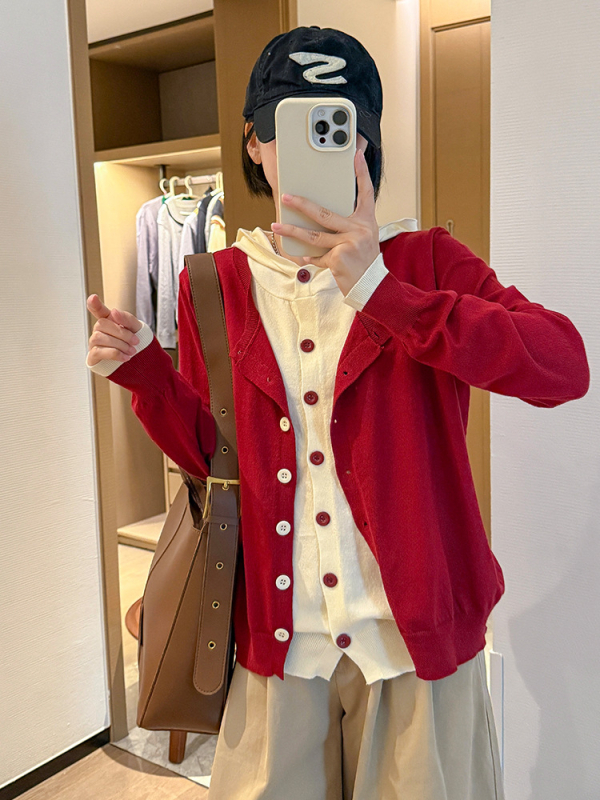 Top tricotat cu glugă, aspect imita două piese, stil coreean, toamnă-iarnă 2025, fibre din viscoză, tricot gros, mâneci lungi