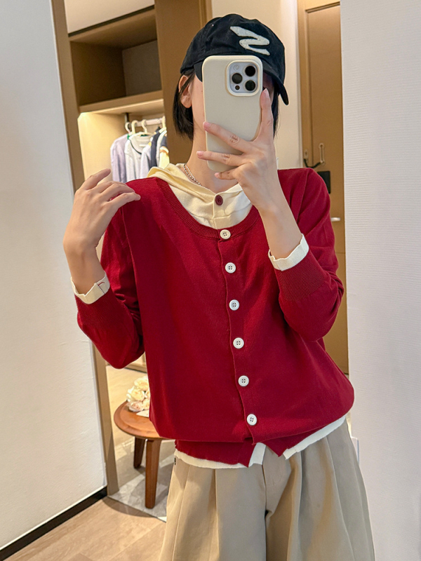 Top tricotat cu glugă, aspect imita două piese, stil coreean, toamnă-iarnă 2025, fibre din viscoză, tricot gros, mâneci lungi