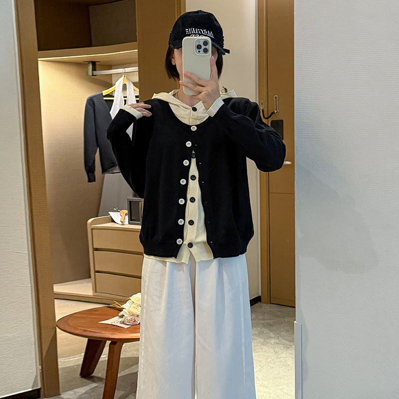 Top tricotat cu glugă, aspect imita două piese, stil coreean, toamnă-iarnă 2025, fibre din viscoză, tricot gros, mâneci lungi