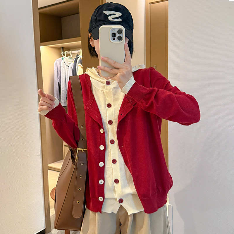 Top tricotat cu glugă, aspect imita două piese, stil coreean, toamnă-iarnă 2025, fibre din viscoză, tricot gros, mâneci lungi