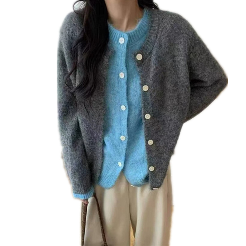 Cardigan tricotat gros cu aspect de două piese false, guler rotund, mâneci lungi, croi lejer