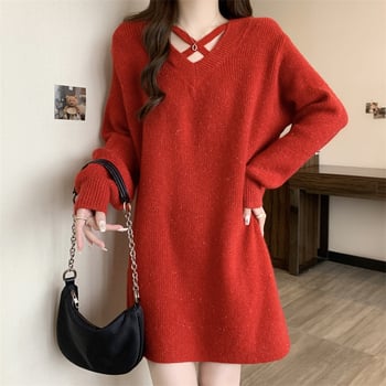 Rochie-pulover tricotată cu decolteu în V, mâneci lungi, lungime medie, croială largă