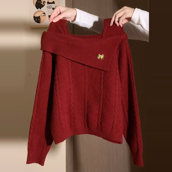 Pulover chenille tricotat cu spandex, guler polo, maneci lungi