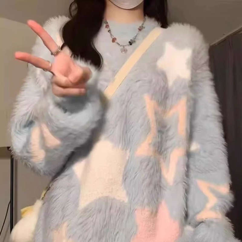 Pulover tricotat pentru femei, gât rotund, croială lejeră, mâneci lungi, model peisaj urban