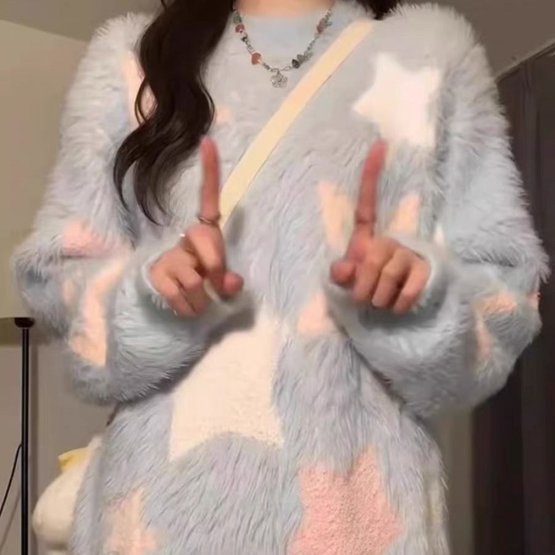 Pulover tricotat pentru femei, gât rotund, croială lejeră, mâneci lungi, model peisaj urban