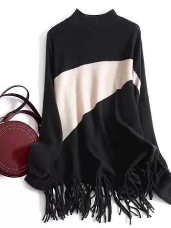 Pulover din poliester cu model color-block, guler semi-turtleneck, mâneci lungi, croială lejeră, lungime medie.