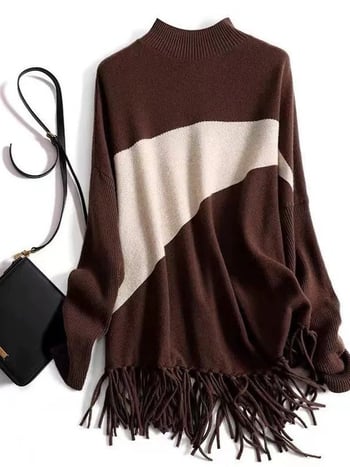 Pulover din poliester cu model color-block, guler semi-turtleneck, mâneci lungi, croială lejeră, lungime medie.