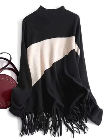 Pulover din poliester cu model color-block, guler semi-turtleneck, mâneci lungi, croială lejeră, lungime medie.