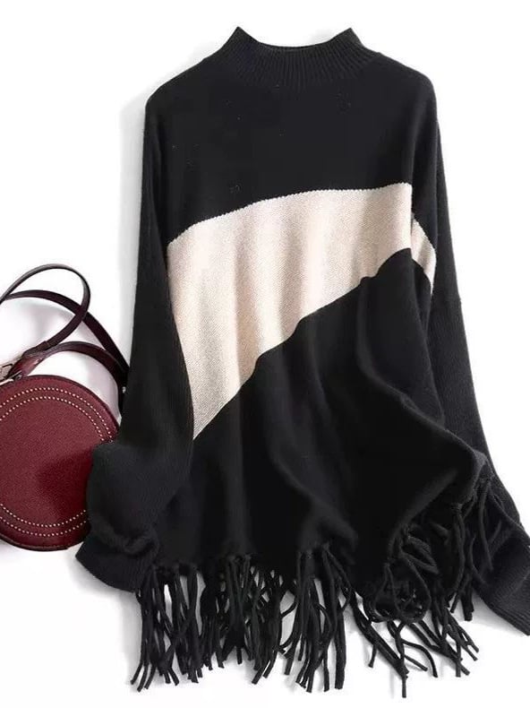 Pulover din poliester cu model color-block, guler semi-turtleneck, mâneci lungi, croială lejeră, lungime medie.