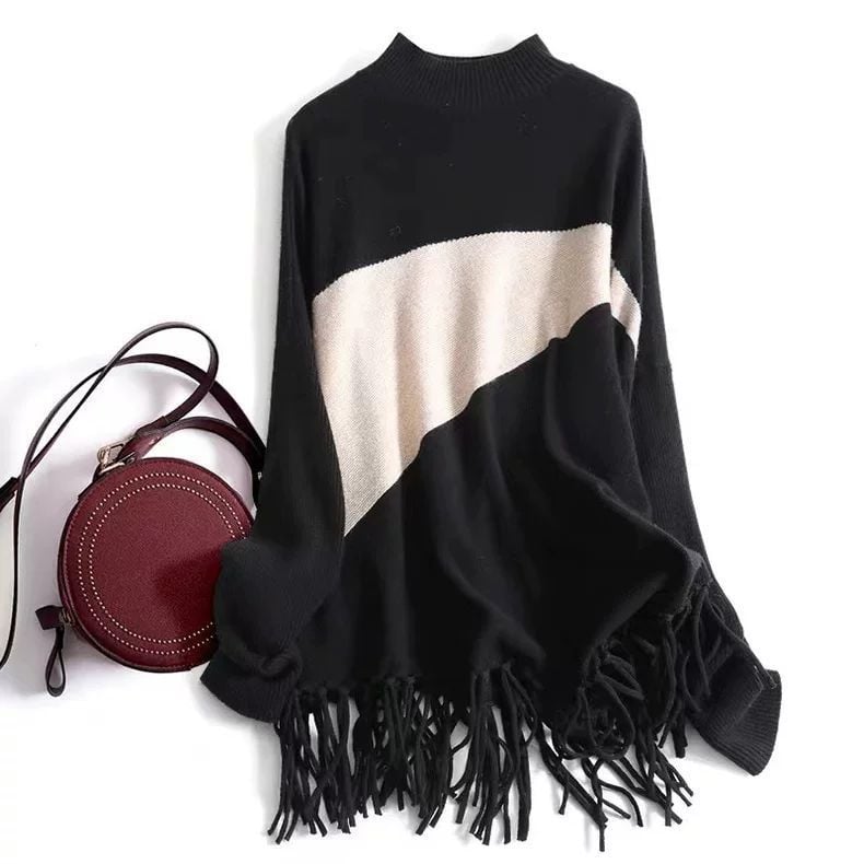 Pulover din poliester cu model color-block, guler semi-turtleneck, mâneci lungi, croială lejeră, lungime medie.