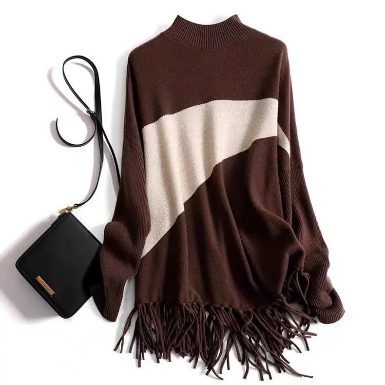 Pulover din poliester cu model color-block, guler semi-turtleneck, mâneci lungi, croială lejeră, lungime medie.