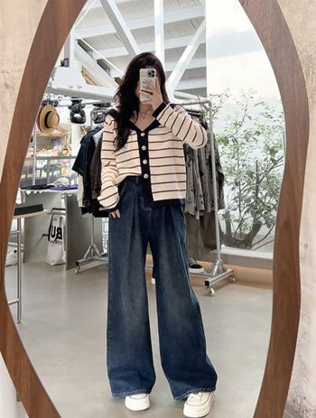 Cardigan tricotat pentru femei, cu dungi, mâneci lungi, bumbac-poliester, toamna 2025, croială lejeră