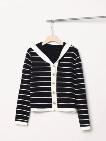 Cardigan tricotat pentru femei, cu dungi, mâneci lungi, bumbac-poliester, toamna 2025, croială lejeră