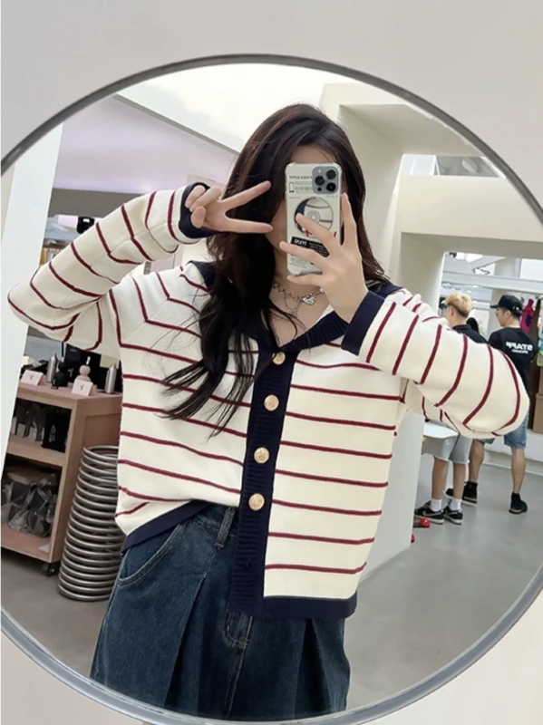 Cardigan tricotat pentru femei, cu dungi, mâneci lungi, bumbac-poliester, toamna 2025, croială lejeră