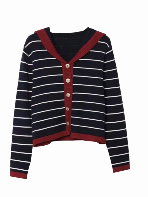 Cardigan tricotat pentru femei, cu dungi, mâneci lungi, bumbac-poliester, toamna 2025, croială lejeră