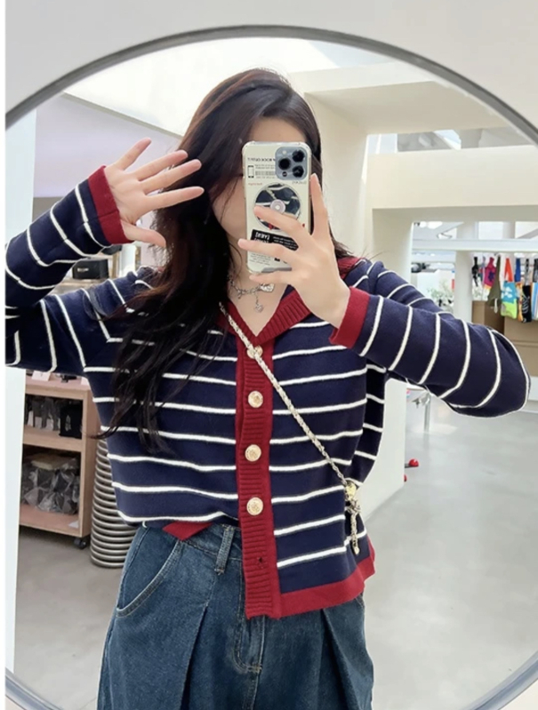 Cardigan tricotat pentru femei, cu dungi, mâneci lungi, bumbac-poliester, toamna 2025, croială lejeră