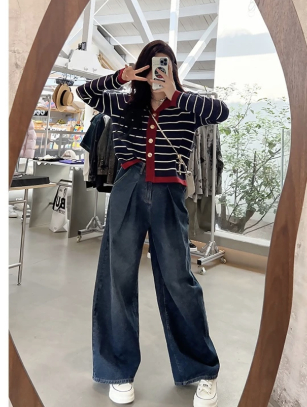 Cardigan tricotat pentru femei, cu dungi, mâneci lungi, bumbac-poliester, toamna 2025, croială lejeră