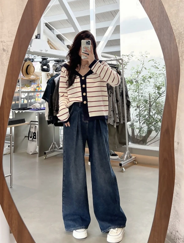 Cardigan tricotat pentru femei, cu dungi, mâneci lungi, bumbac-poliester, toamna 2025, croială lejeră