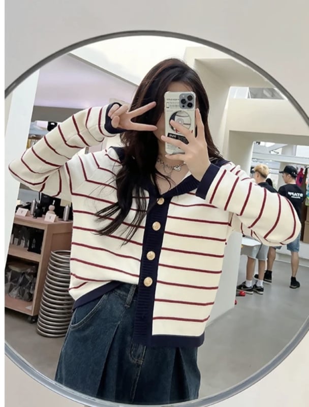 Cardigan tricotat pentru femei, cu dungi, mâneci lungi, bumbac-poliester, toamna 2025, croială lejeră