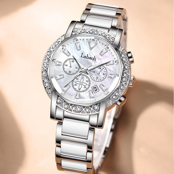 Ceas ceramic Labaoli LA559 cu secundar independent, calendar, mișcare quartz, cadran din perlă, curea ceramică