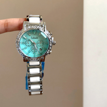 Ceas ceramic Labaoli LA559 cu secundar independent, calendar, mișcare quartz, cadran din perlă, curea ceramică