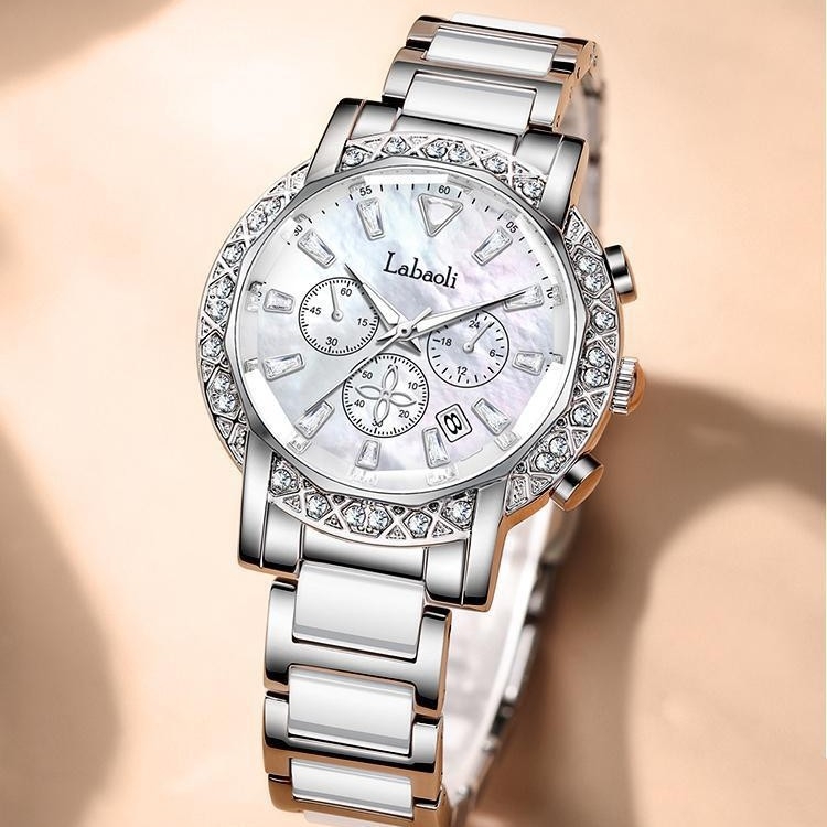 Ceas ceramic Labaoli LA559 cu secundar independent, calendar, mișcare quartz, cadran din perlă, curea ceramică