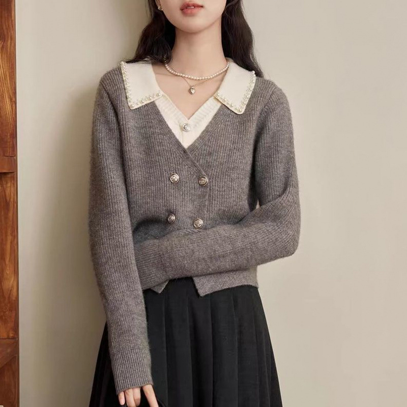 Pulover cardigan tricotat cu design iluzoriu de două piese, textură 3D, tricot gros, croială lejeră