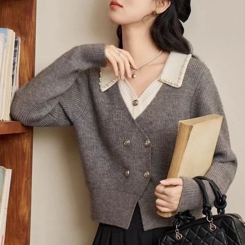 Pulover cardigan tricotat cu design iluzoriu de două piese, textură 3D, tricot gros, croială lejeră