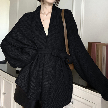 Cardigan cu decolteu în V, croială lejeră, cordon talie, amestec acrilic-poliester (30–50% acrilic, 30–50% poliester), toamnă-iarnă 2025