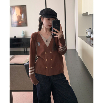 Pulover tricotat cu decolteu în V, mâneci lungi, toamnă 2025, fibră de poliester, pentru femei, stil urban elegant