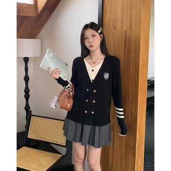 Pulover tricotat cu decolteu în V, mâneci lungi, toamnă 2025, fibră de poliester, pentru femei, stil urban elegant