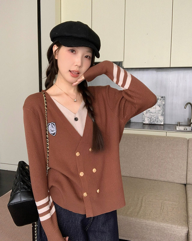 Pulover tricotat cu decolteu în V, mâneci lungi, toamnă 2025, fibră de poliester, pentru femei, stil urban elegant