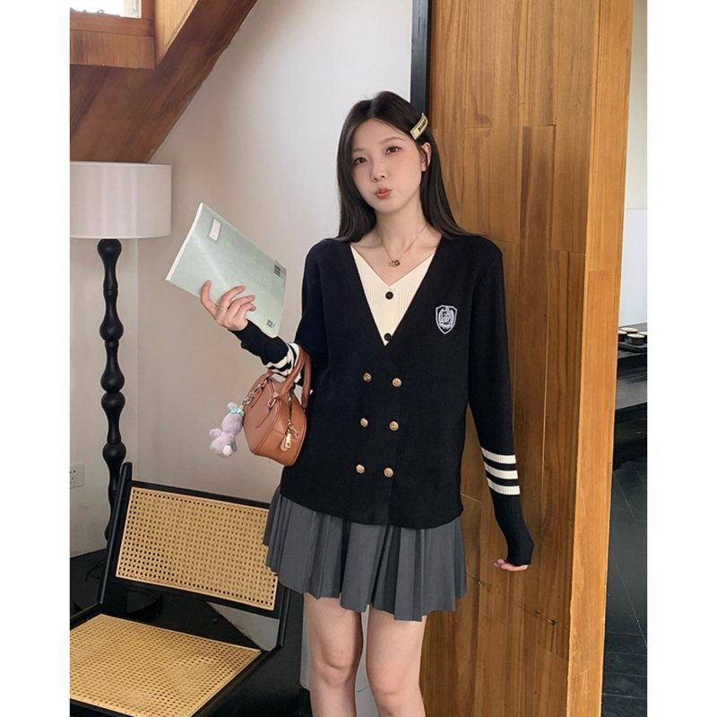 Pulover tricotat cu decolteu în V, mâneci lungi, toamnă 2025, fibră de poliester, pentru femei, stil urban elegant