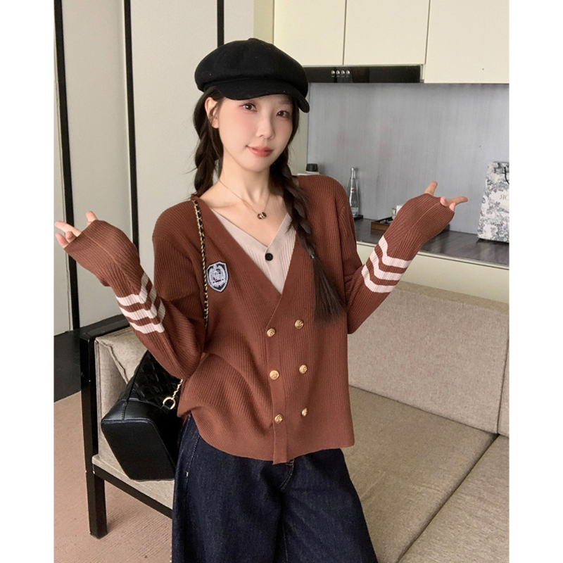 Pulover tricotat cu decolteu în V, mâneci lungi, toamnă 2025, fibră de poliester, pentru femei, stil urban elegant