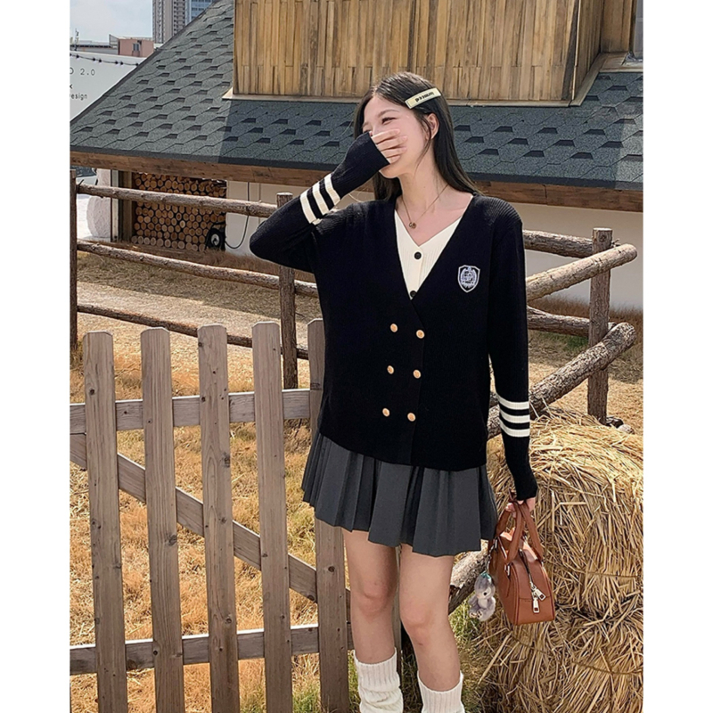 Pulover tricotat cu decolteu în V, mâneci lungi, toamnă 2025, fibră de poliester, pentru femei, stil urban elegant