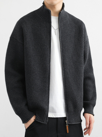 Cardigan tricotat cu guler înalt, mâneci lungi, croială lejeră, amestec din fibre acrilice