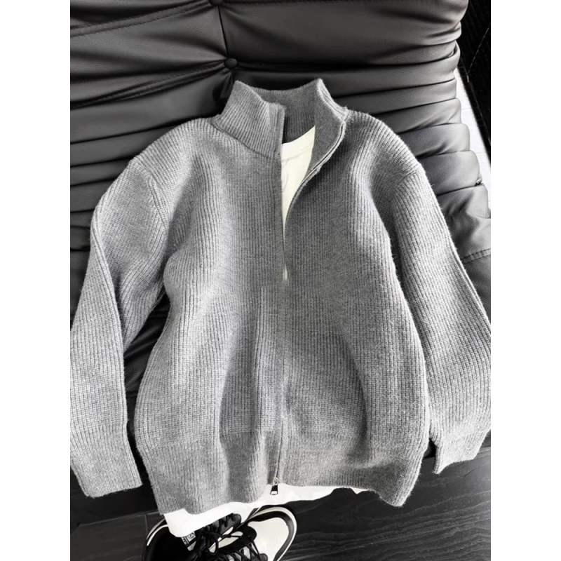 Cleanfit cardigan tricotat pentru bărbați, cu fermoar, guler înalt, croială lejeră, mâneci lungi, țesătură poliester