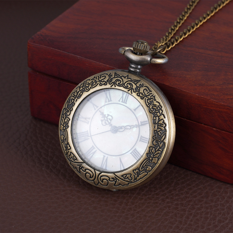 Ceas de buzunar cu capac rabatabil, gravură florală, sticlă transparentă (Mișcare cuarț, Brand Pearl, Oglindă din plastic, Carcasă din aliaj, Nu este impermeabil)