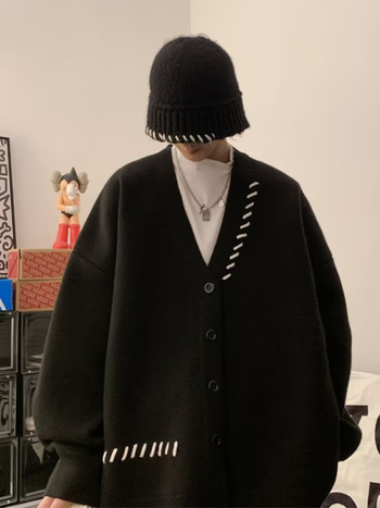 Muški pleteni kardigan, V-izrez, opušten kroj, dugi rukavi, intarsija, akademski stil, tkanina od pamukove smjese (95% poliester)