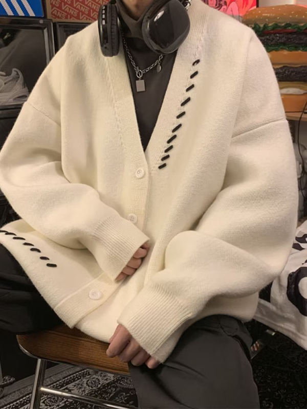 Muški pleteni kardigan, V-izrez, opušten kroj, dugi rukavi, intarsija, akademski stil, tkanina od pamukove smjese (95% poliester)