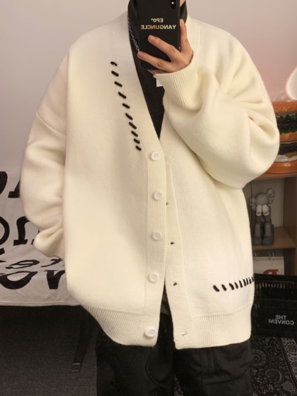 Muški pleteni kardigan, V-izrez, opušten kroj, dugi rukavi, intarsija, akademski stil, tkanina od pamukove smjese (95% poliester)