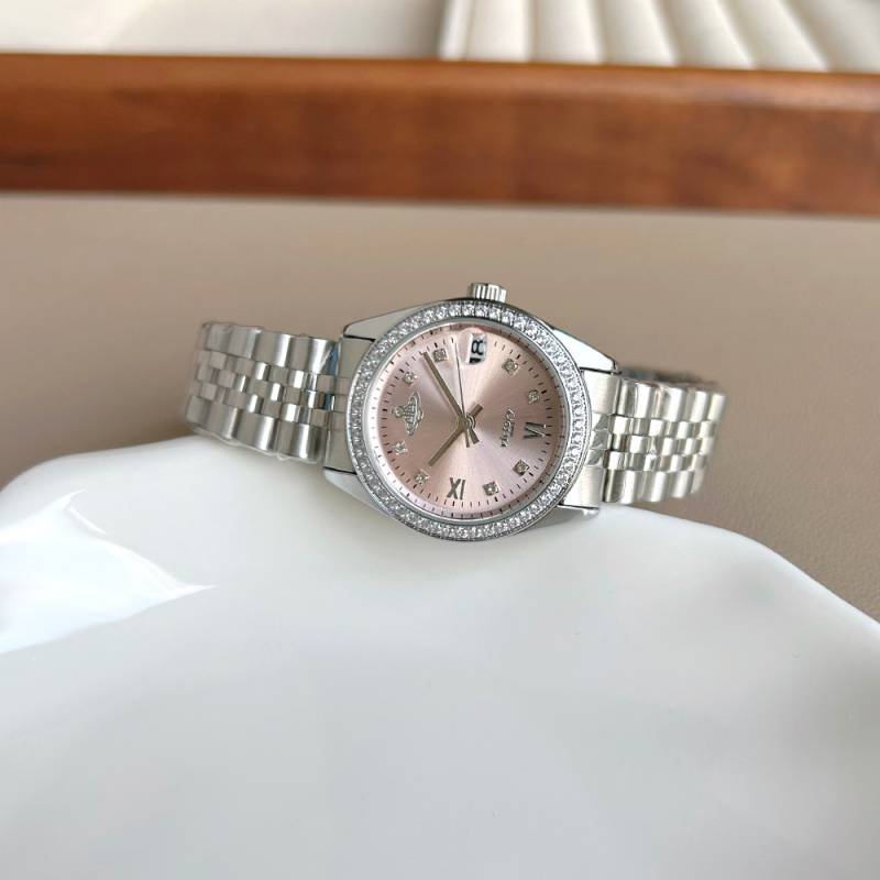 Ceas femei Ibso 1380 cu calendar, cadran planet cu diamante, mișcare quartz, rezistență la apă 30 m, carcasă și brățară din oțel inoxidabil