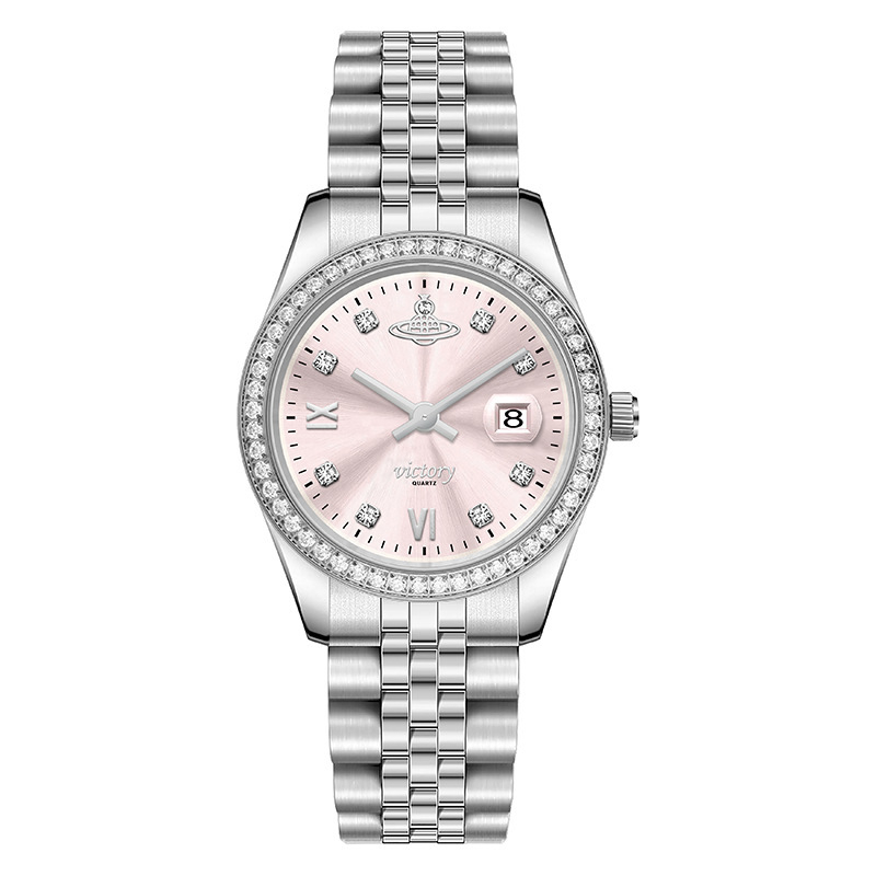 Ceas femei Ibso 1380 cu calendar, cadran planet cu diamante, mișcare quartz, rezistență la apă 30 m, carcasă și brățară din oțel inoxidabil