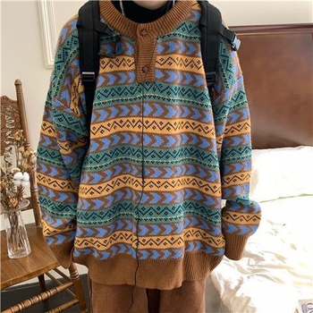 Pleteni top s okruglim izrezom, retro etnički stil, japanski stil, Vinylon materijal, dugi rukav