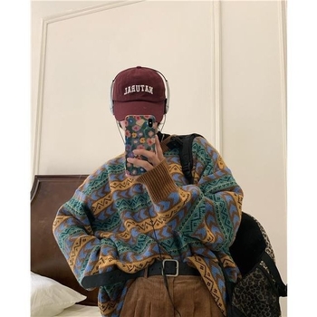 Pleteni top s okruglim izrezom, retro etnički stil, japanski stil, Vinylon materijal, dugi rukav